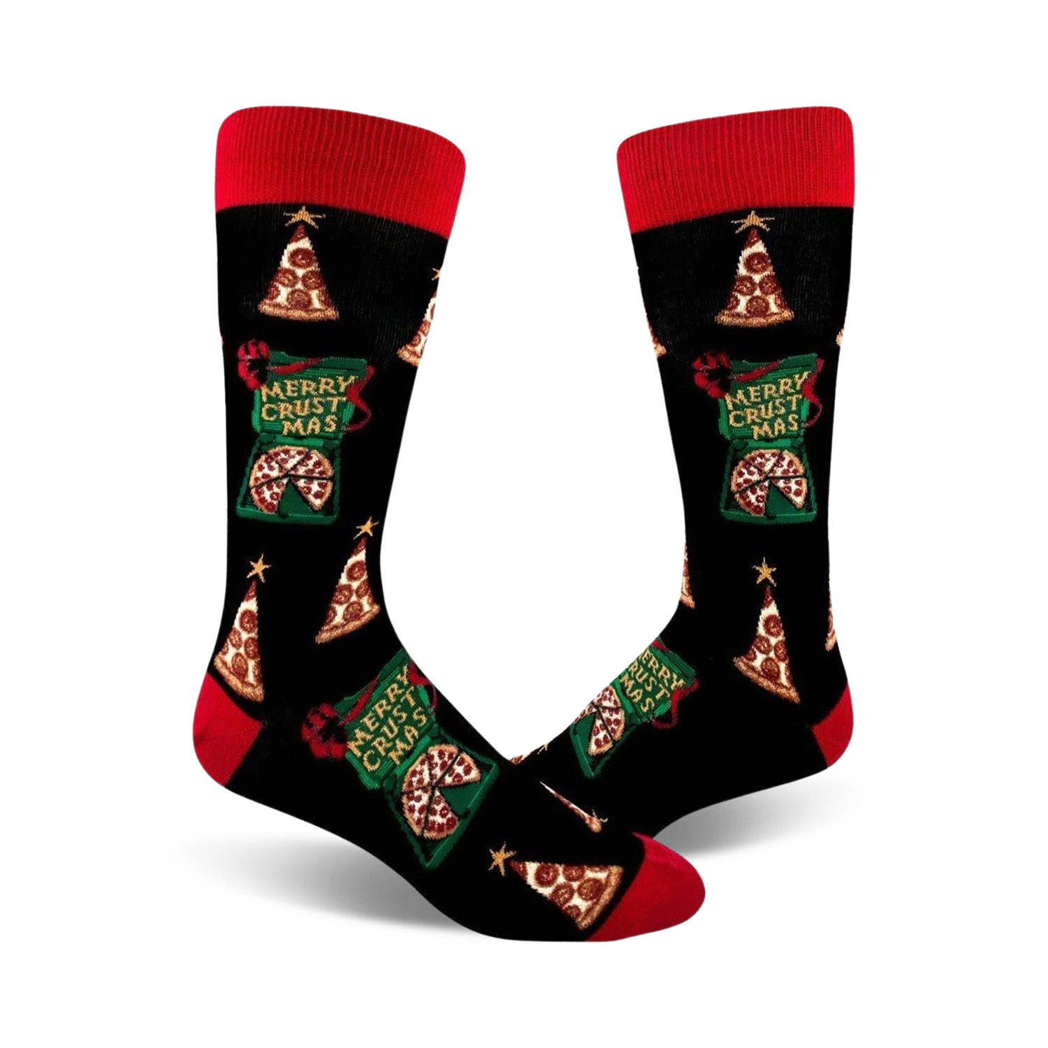 Pair of crew socks; black background with red and green pizza-themed Christmas trees and gift boxes.  Text reads 'Merry Crustmas'.