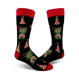 black crew socks with a pattern of pizza slices, christmas trees, and stars. white text on a red background reads 'merry crustmas.'   