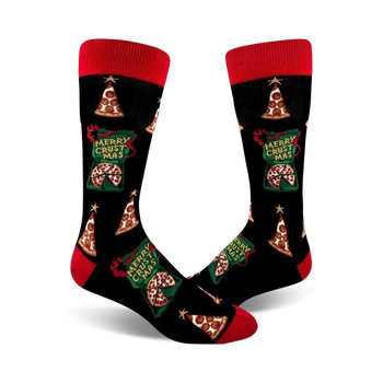 black crew socks with a pattern of pizza slices, christmas trees, and stars. white text on a red background reads 'merry crustmas.'   