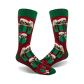 Crew socks in maroon, green, and white featuring sloths wearing Santa hats inside green gift boxes.