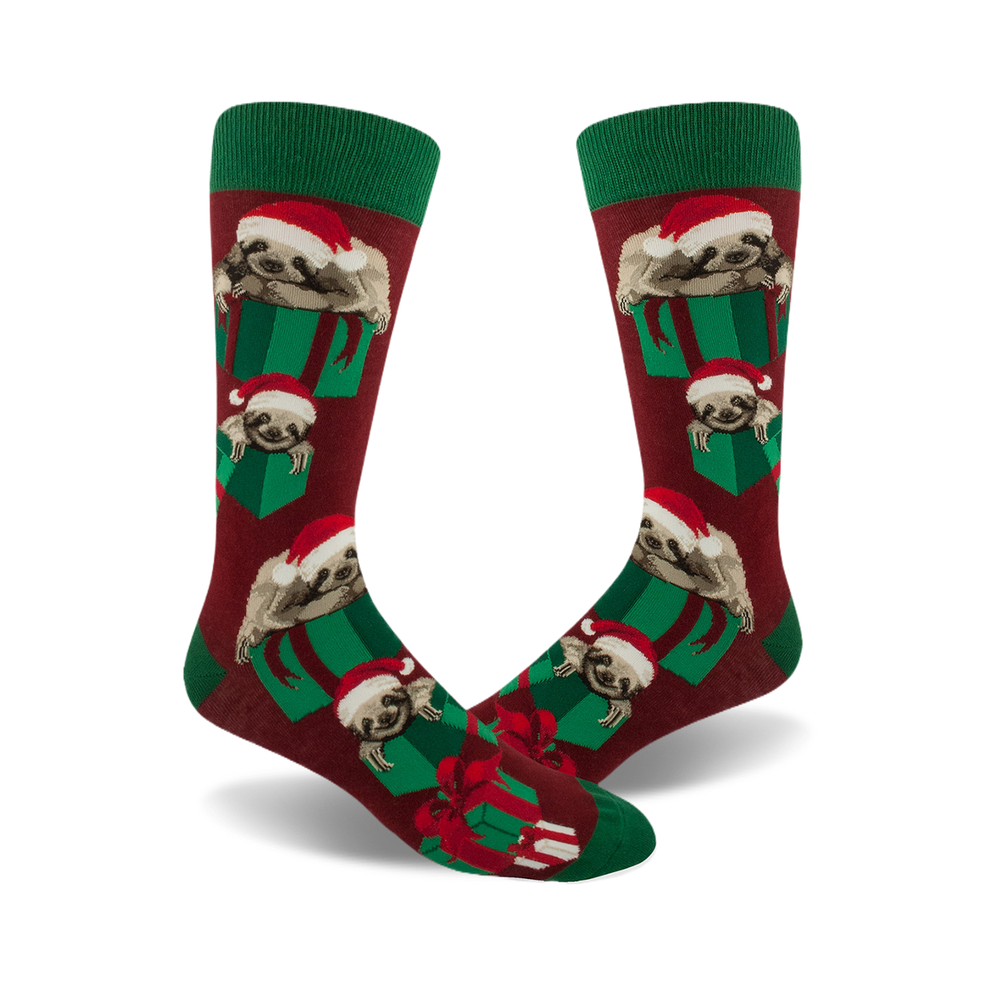 Crew socks in maroon, green, and white featuring sloths wearing Santa hats inside green gift boxes.