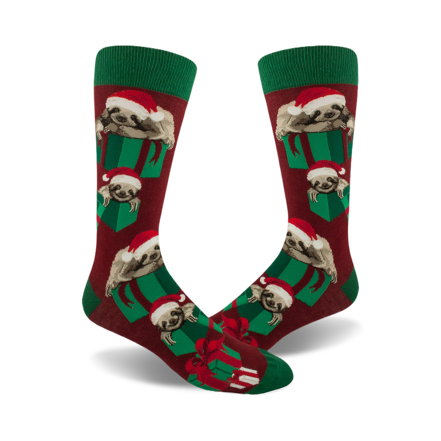Crew socks in maroon, green, and white featuring sloths wearing Santa hats inside green gift boxes.