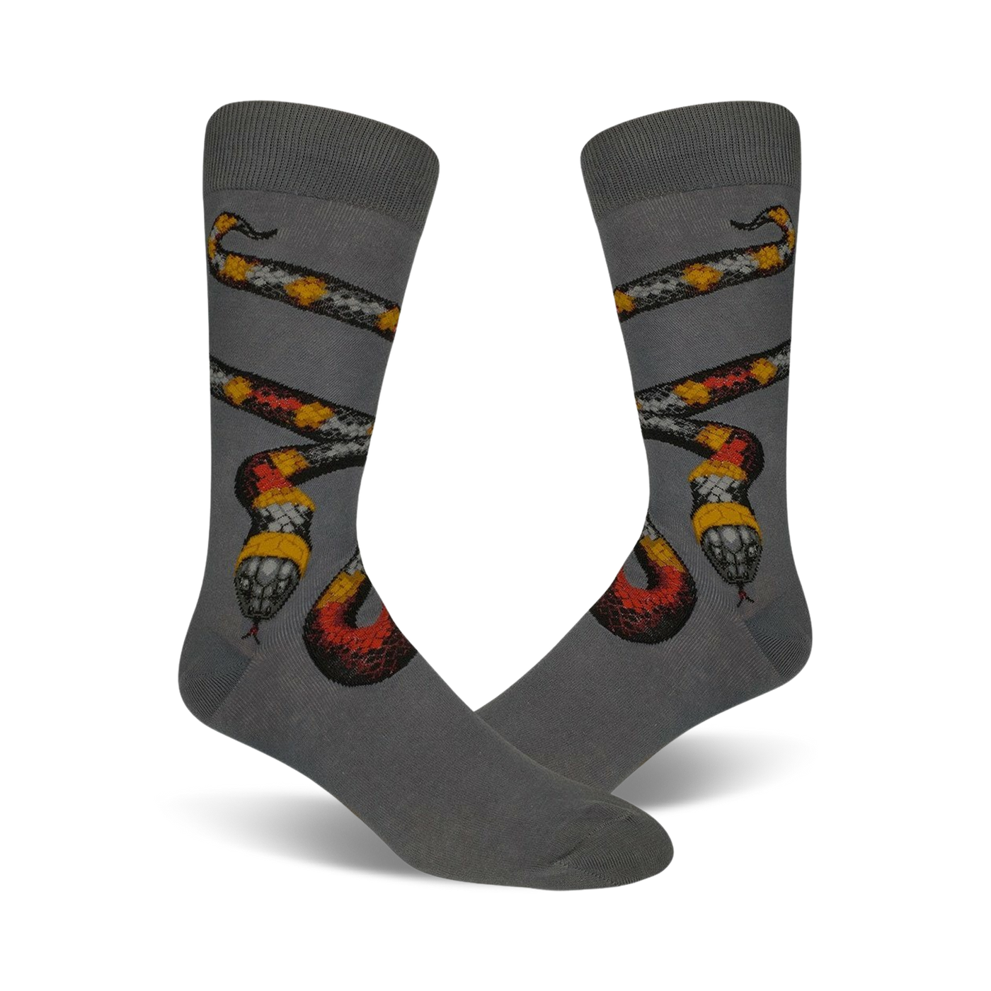 Pair of gray crew socks with a detailed coral snake design in red, yellow, black and white.
