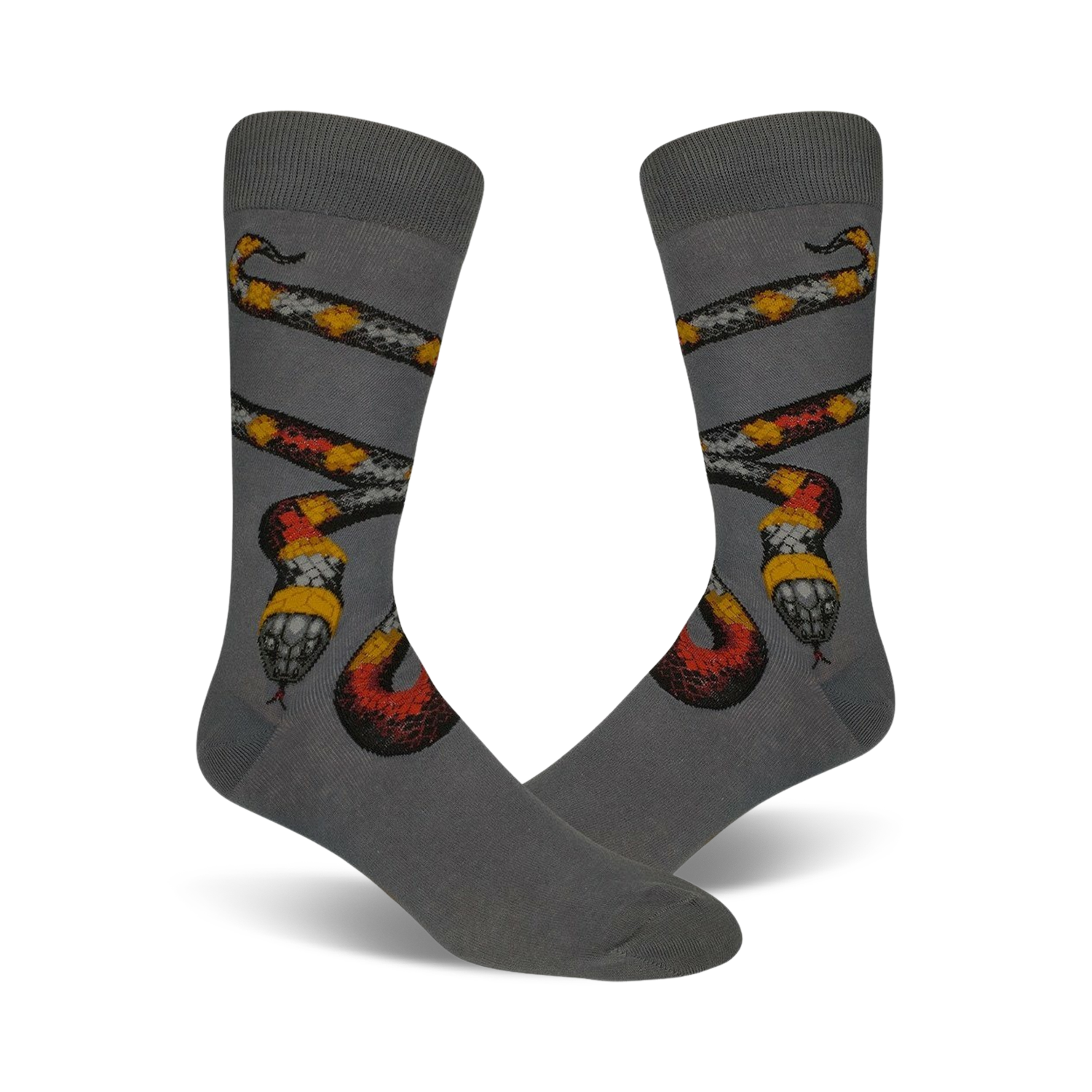 Pair of gray crew socks with a detailed coral snake design in red, yellow, black and white.