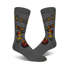 gray crew socks with red, yellow, and black coral snake pattern. mens. animal theme.  