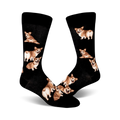 A pair of black crew socks adorned with a repeating pattern of cute corgis in various poses, some showing their fluffy butts.
