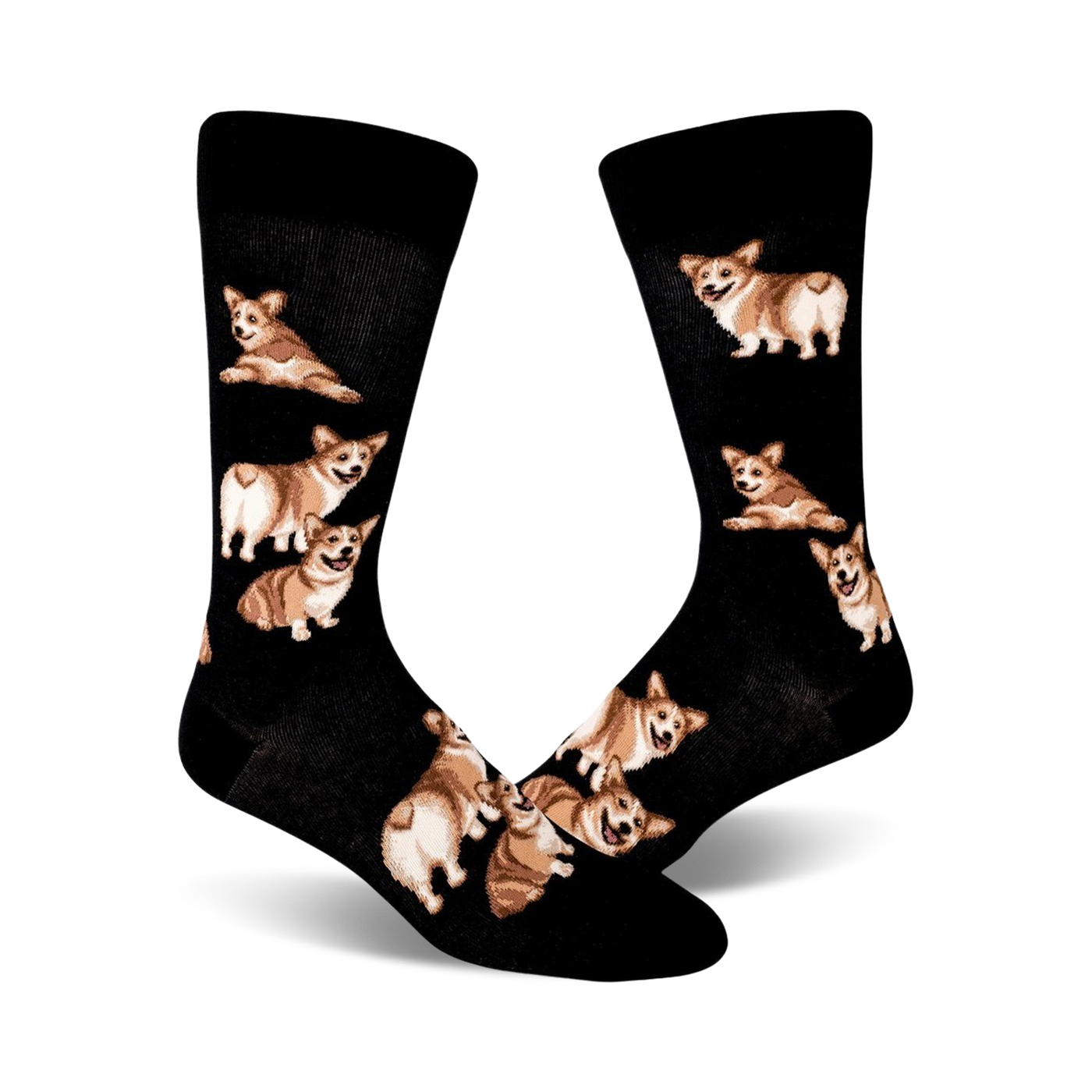 A pair of black crew socks adorned with a repeating pattern of cute corgis in various poses, some showing their fluffy butts.