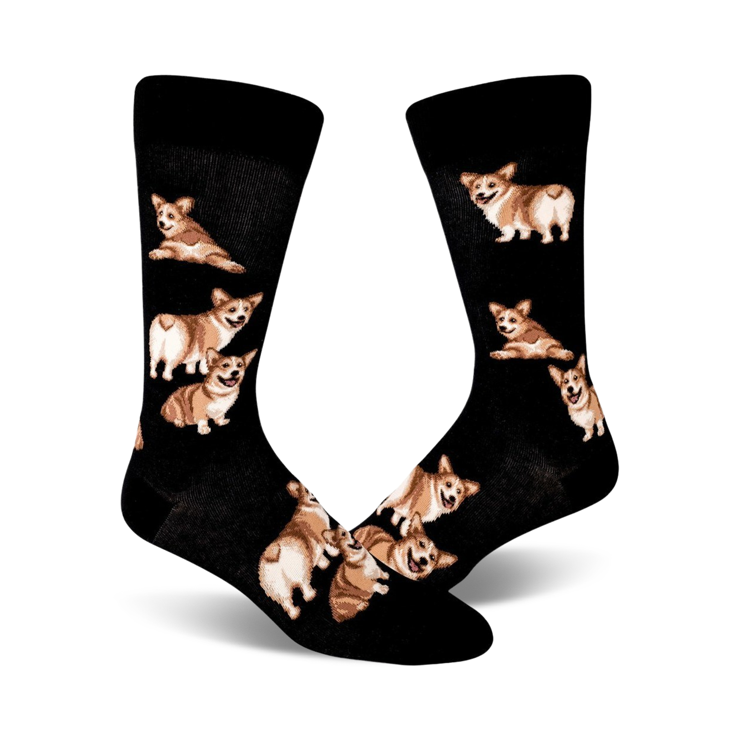 A pair of black crew socks adorned with a repeating pattern of cute corgis in various poses, some showing their fluffy butts.