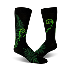 black crew socks featuring green fern & fiddlehead pattern, great for men who love nature.  