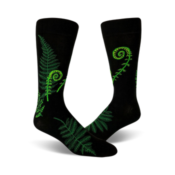 black crew socks featuring green fern & fiddlehead pattern, great for men who love nature.  
