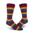 Pair of crew socks in a rainbow stripe pattern.  Main colors are maroon, gold, teal, and purple.