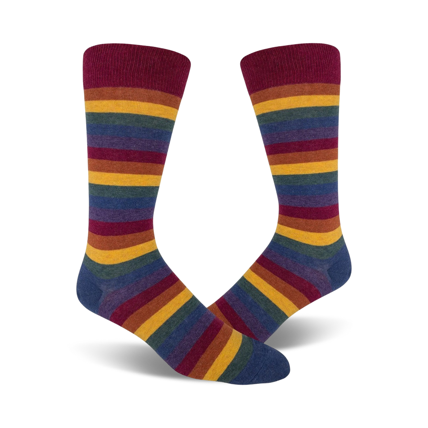Pair of crew socks in a rainbow stripe pattern.  Main colors are maroon, gold, teal, and purple.