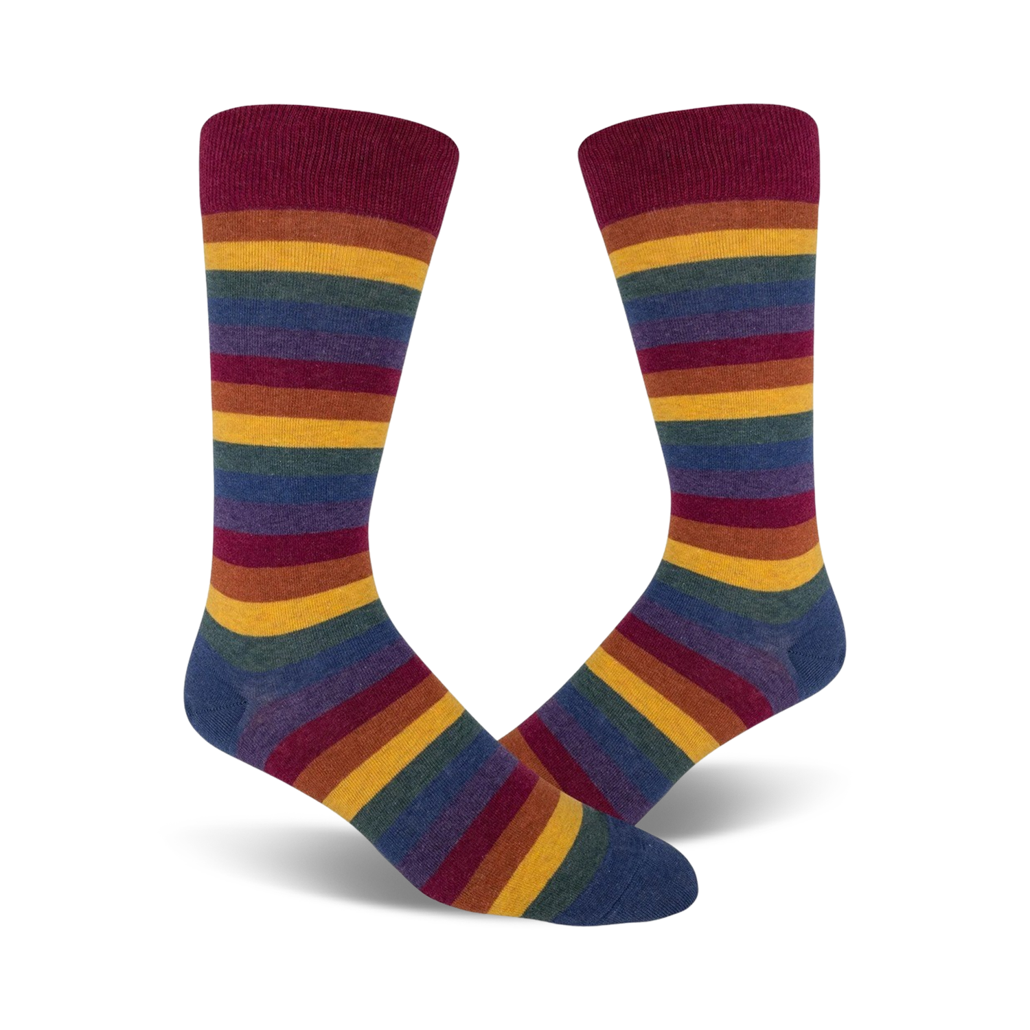 Pair of crew socks in a rainbow stripe pattern.  Main colors are maroon, gold, teal, and purple.