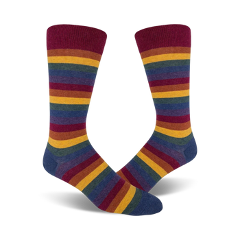vibrant heather rainbow striped crew socks in a range of colors: dark red, orange, yellow, green, blue, and purple. celebrate pride with men's crew socks.   