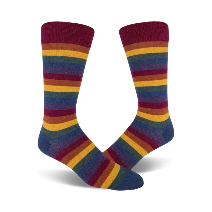 vibrant heather rainbow striped crew socks in a range of colors: dark red, orange, yellow, green, blue, and purple. celebrate pride with men's crew socks.    }}