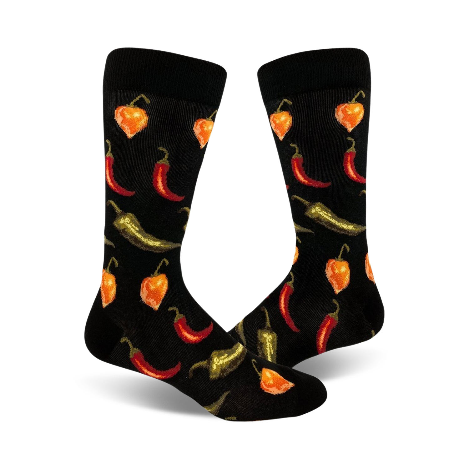 Pair of black crew socks with a fun pattern of red, orange, and green chili peppers of varying types.