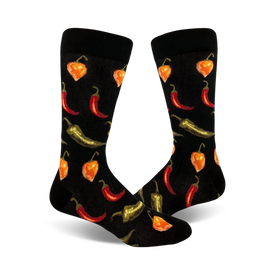 mens crew socks with all over pattern of chili peppers in red, orange, and green.  