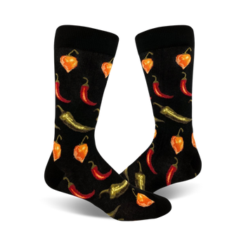mens crew socks with all over pattern of chili peppers in red, orange, and green.  