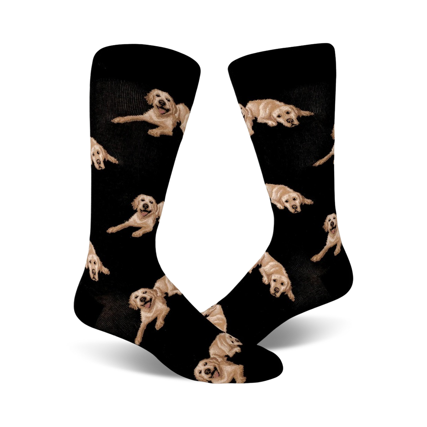Pair of black crew socks covered in images of golden retrievers.  The dogs are in various poses, and the background is solid black.