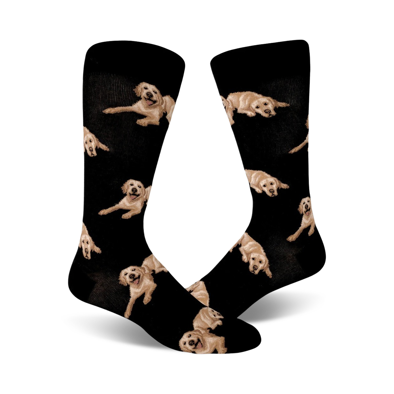 Pair of black crew socks covered in images of golden retrievers.  The dogs are in various poses, and the background is solid black.