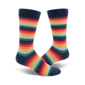 Pair of Retro 70s crew socks. Multicolored horizontal stripes in teal, orange, red, and navy.
