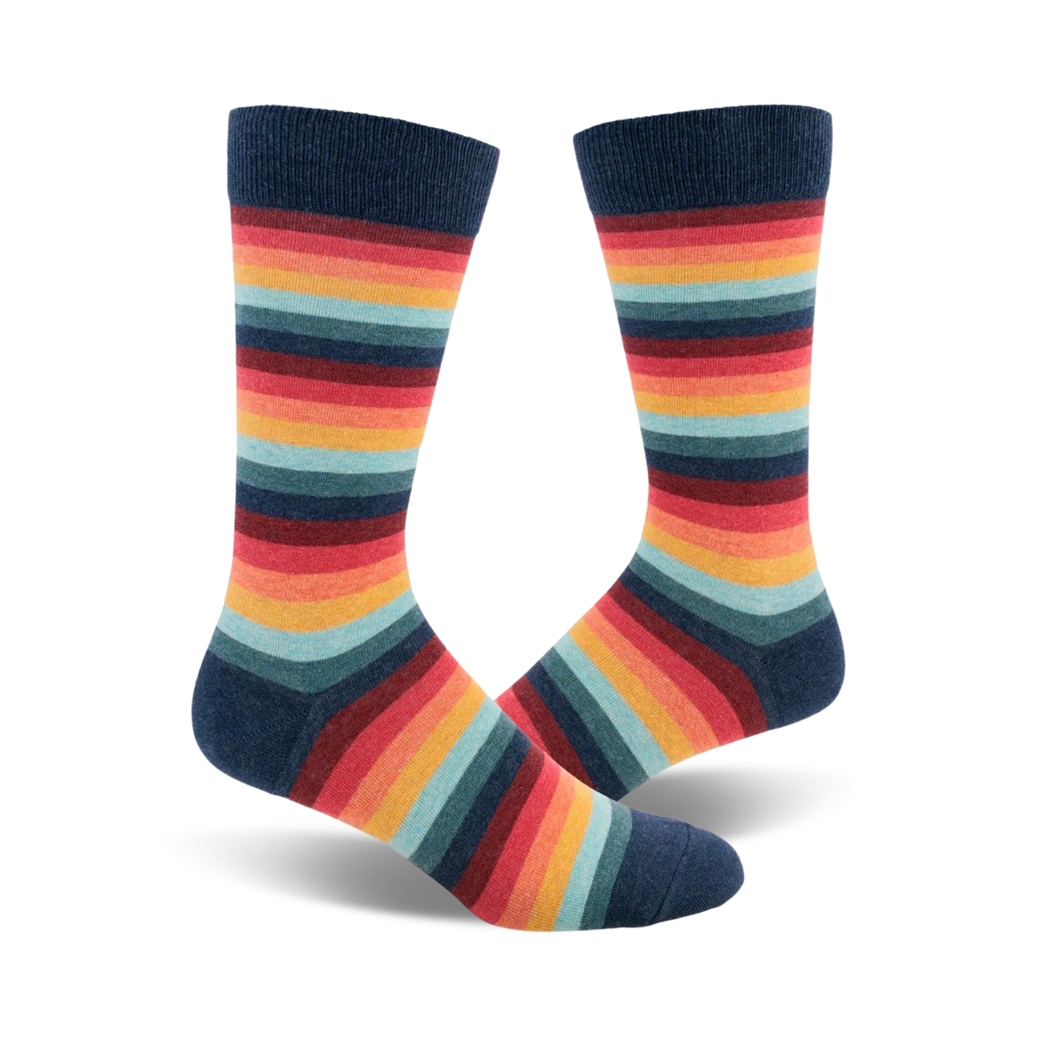 Pair of Retro 70s crew socks. Multicolored horizontal stripes in teal, orange, red, and navy.