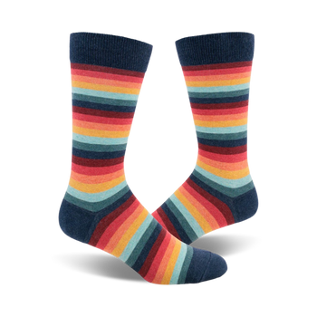men's retro 70s crew socks: groovy horizontal stripes in blue, red, orange, yellow, green, and light blue, inspired by the psychedelic era.  