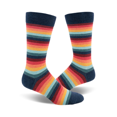 men's retro 70s crew socks: groovy horizontal stripes in blue, red, orange, yellow, green, and light blue, inspired by the psychedelic era.  