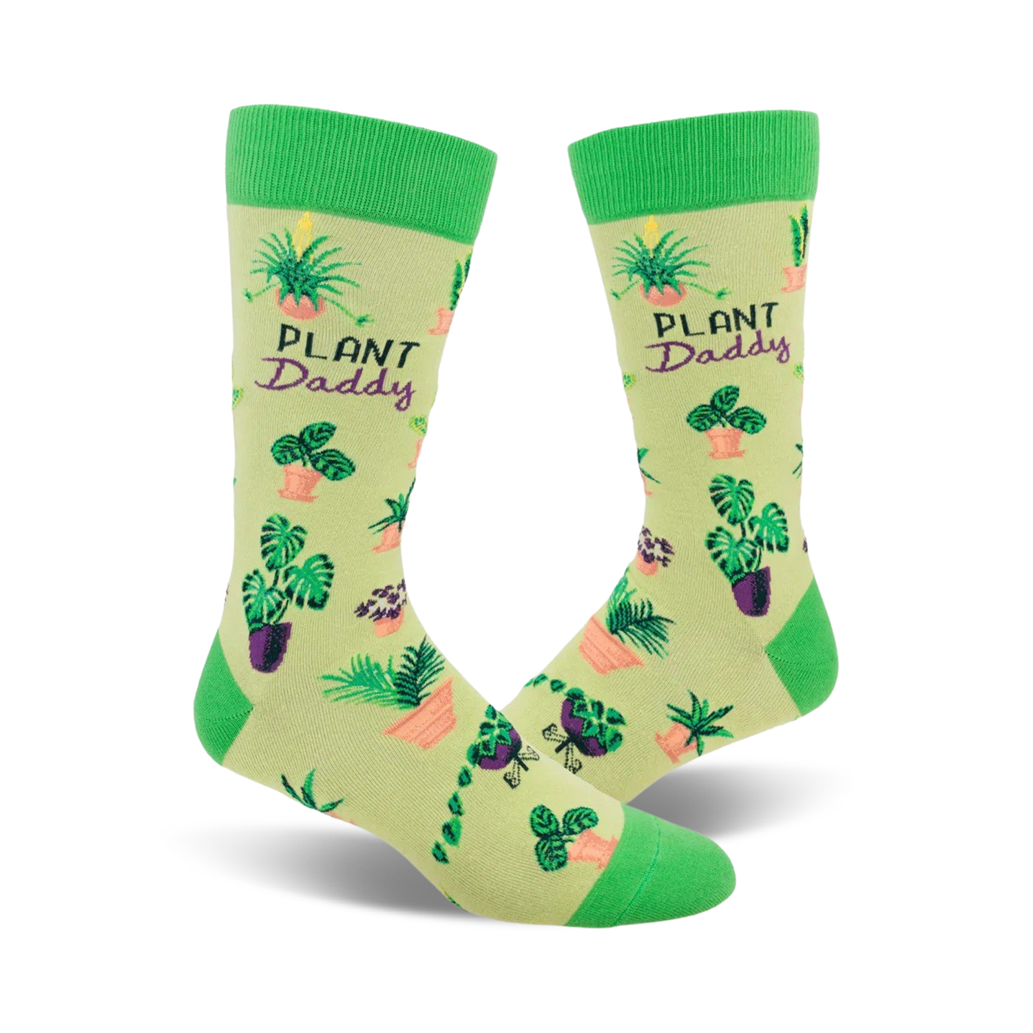 A pair of light green crew socks with a pattern of various potted plants and the words 'Plant Daddy' on a pale yellow background.