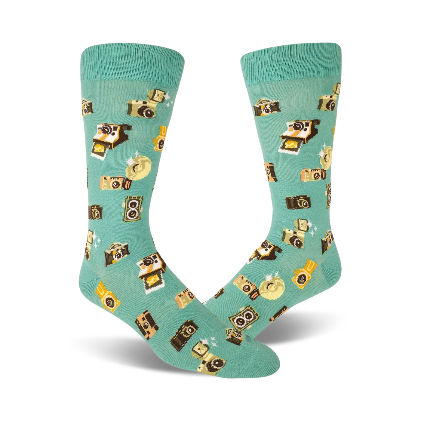 Pair of teal crew socks with a whimsical pattern of retro cameras and flashes in yellow and brown. Fun and quirky style.
