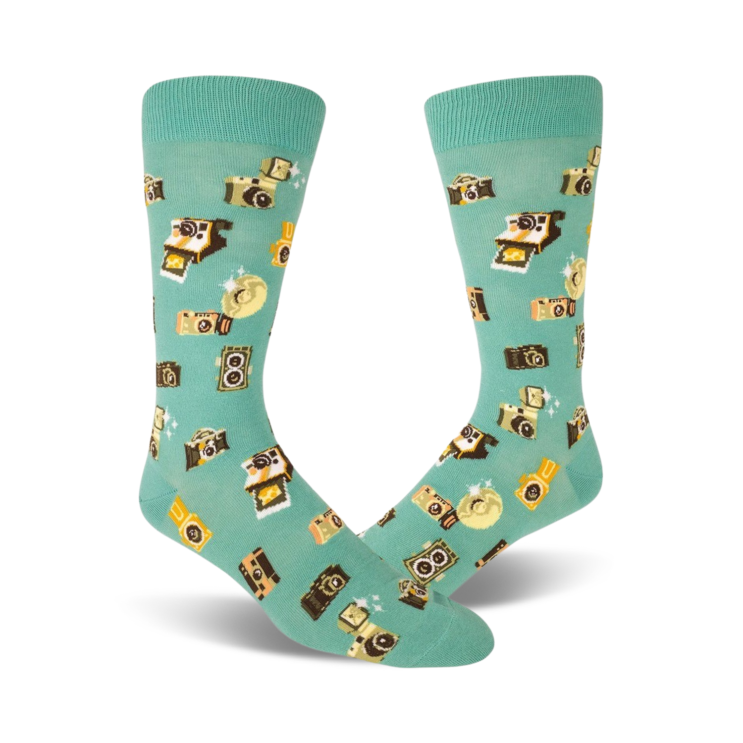 Pair of teal crew socks with a whimsical pattern of retro cameras and flashes in yellow and brown. Fun and quirky style.