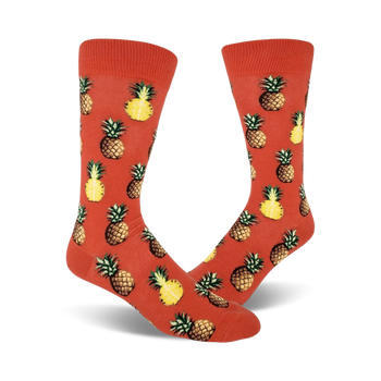 pursuit of pineapples food & drink themed mens red novelty crew socks