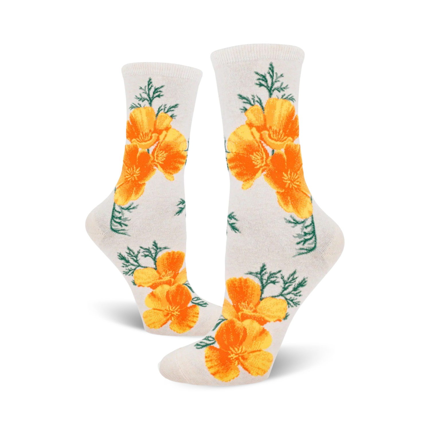 A pair of off-white crew socks featuring a repeating pattern of bright orange California poppies and green foliage.