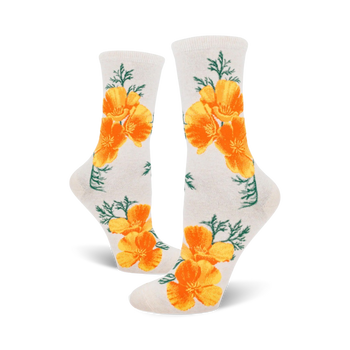 white crew socks with orange california poppy pattern on a green stem and leaf background.  