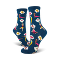 A pair of women's crew socks in teal blue. The socks are adorned with a pattern of women doing yoga poses and dreaming of food like pizza and tacos.
