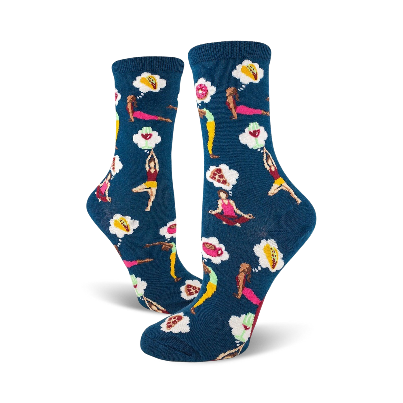 A pair of women's crew socks in teal blue. The socks are adorned with a pattern of women doing yoga poses and dreaming of food like pizza and tacos.