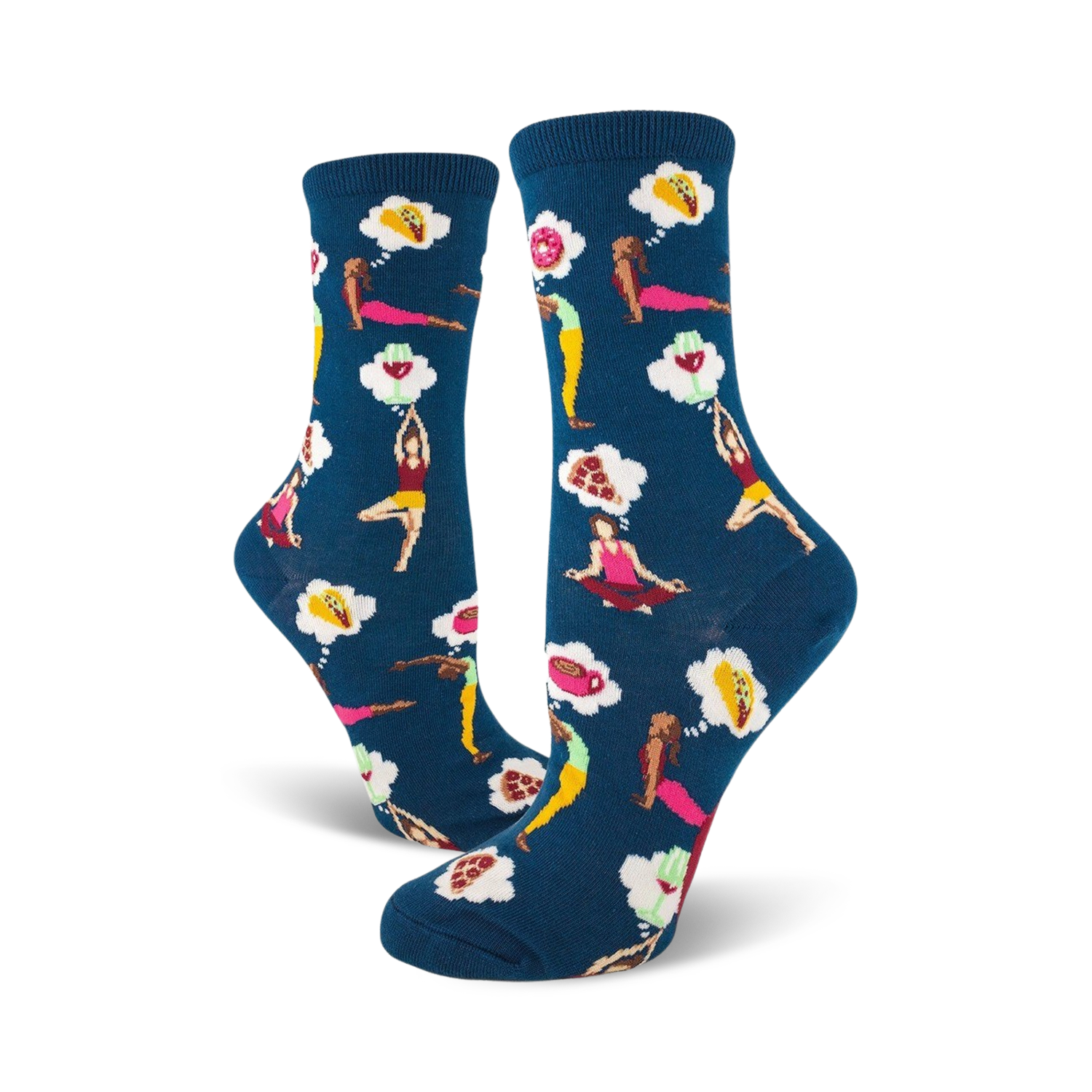 A pair of women's crew socks in teal blue. The socks are adorned with a pattern of women doing yoga poses and dreaming of food like pizza and tacos.