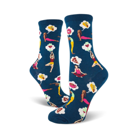  "dark blue yoga crew socks with speech bubbles featuring pizza, tacos, coffee, and donuts, designed for women."   