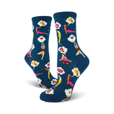  "dark blue yoga crew socks with speech bubbles featuring pizza, tacos, coffee, and donuts, designed for women."   