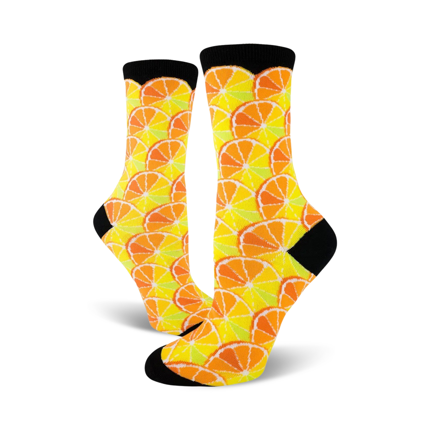 Pair of crew socks with a citrus fruit pattern.  Oranges and lemons in yellow, orange, and pale green on a white background. Black cuffs.