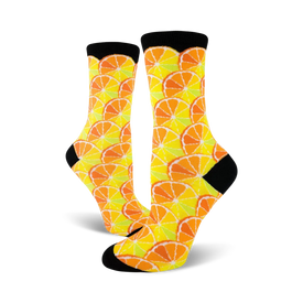 womens crew socks with an assortment of citrus fruits like oranges and lemons. 