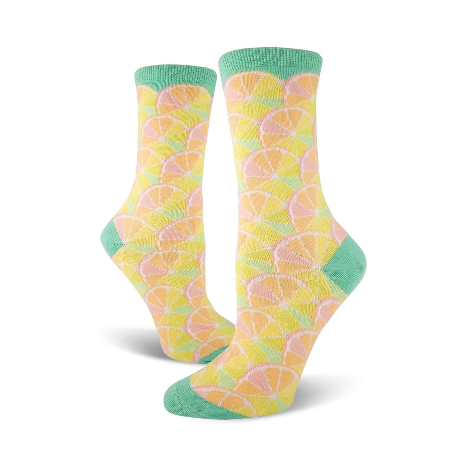 Lifestyle shot of the Citrus socks on a model's feet, showcasing the socks' fit and style.
