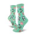 A pair of mint green crew socks with illustrated coffee cups, French presses, and coffee makers.  Fun and colorful!