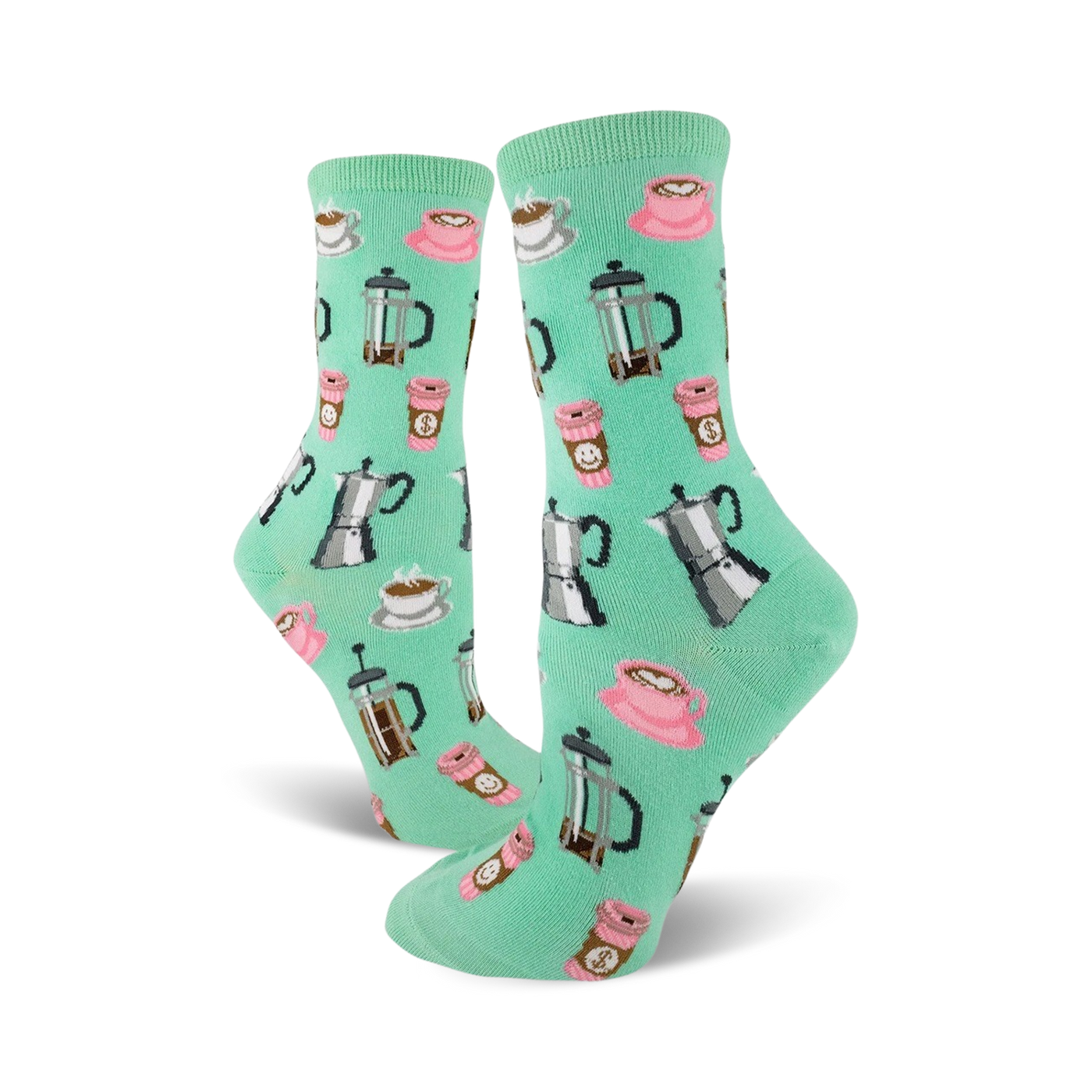 A pair of mint green crew socks with illustrated coffee cups, French presses, and coffee makers.  Fun and colorful!