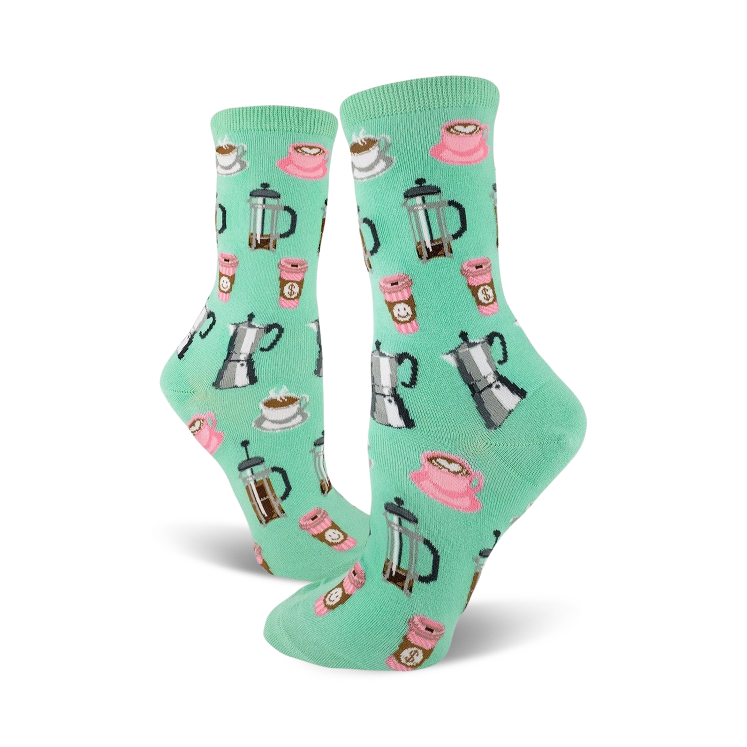 A pair of mint green crew socks with illustrated coffee cups, French presses, and coffee makers.  Fun and colorful!
