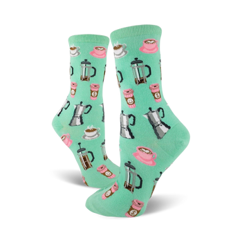 green, pink, and brown color-coordinated coffee items novelty womens sock collection. light green background with pink and brown coffee picture patterns including coffee mugs, coffee pots, and french presses.    