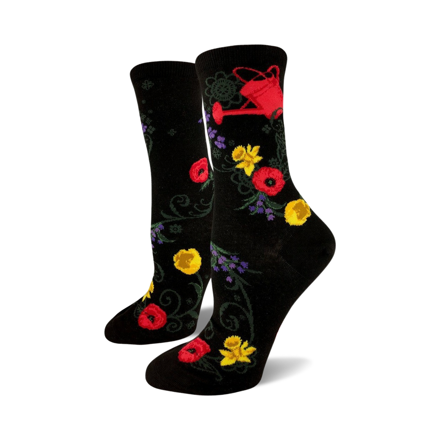 A pair of black crew socks with a whimsical garden print. Red poppies, yellow daffodils, purple flowers, and a red watering can are featured on a black background.