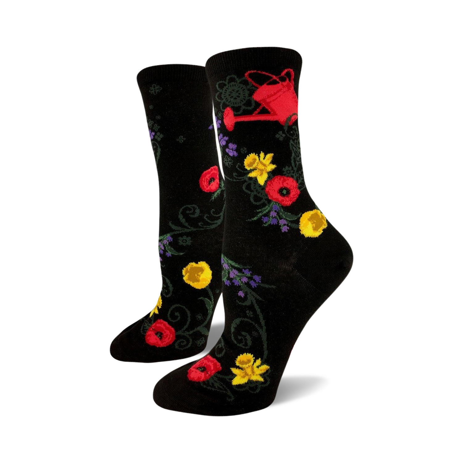 A pair of black crew socks with a whimsical garden print. Red poppies, yellow daffodils, purple flowers, and a red watering can are featured on a black background.