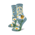 Pair of women's crew socks in teal blue.  Features a peace sign made of daisies and buzzing bees on a field of daisies.