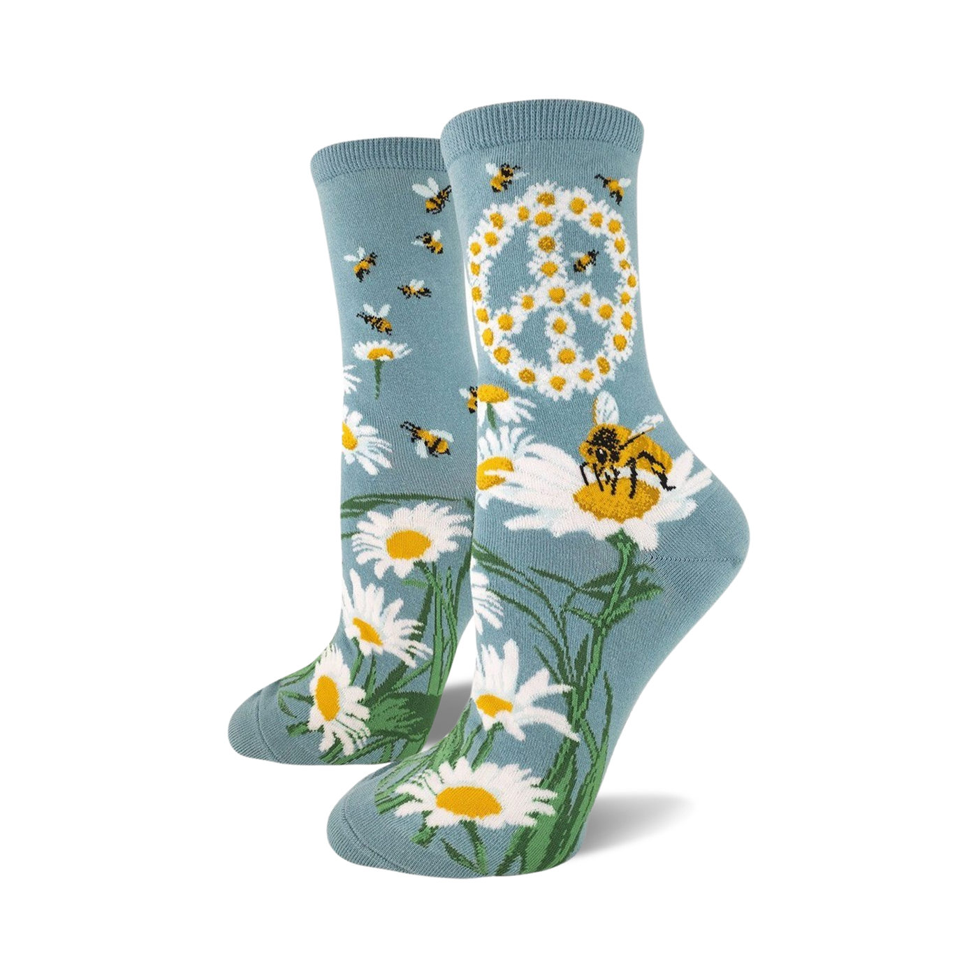 Pair of women's crew socks in teal blue.  Features a peace sign made of daisies and buzzing bees on a field of daisies.